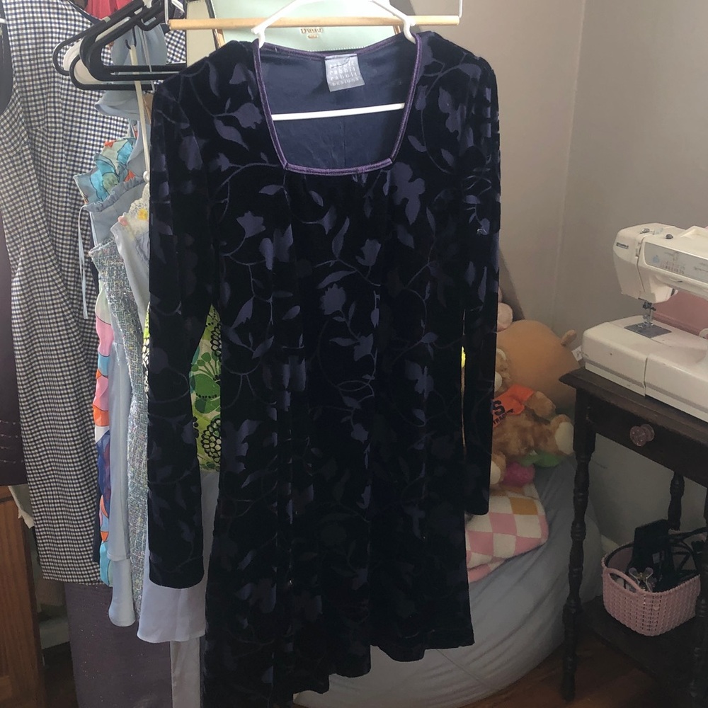 Rabbit Rabbit Rabbit Velvet Floral Dress in Deep Navy and Purple Trim